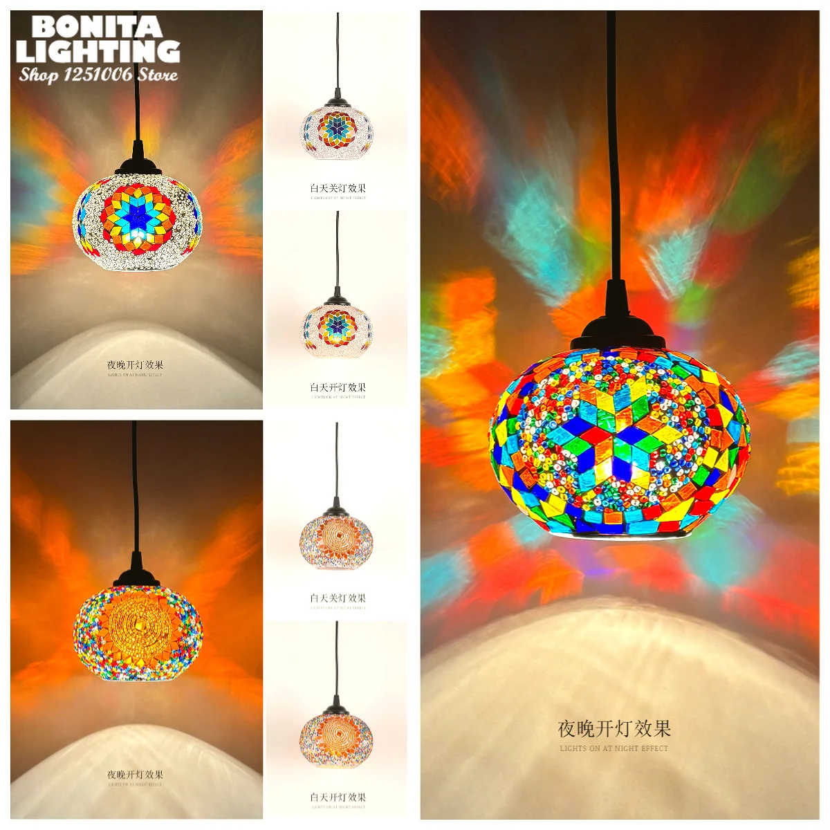 Geometric Mosaic Patterns Hanging Light Turkish Handmade Glass Pendant Lamp for Living Room Restaurant Hallway Boho Feature