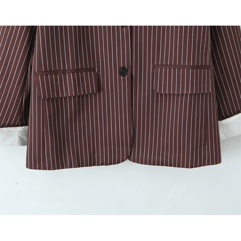 مزاجه البني مخطط تنوعا السترة للنساء طويلة الأكمام واحدة الصدر فضفاضة دعوى سترة الإناث معطف ربيع الخريف