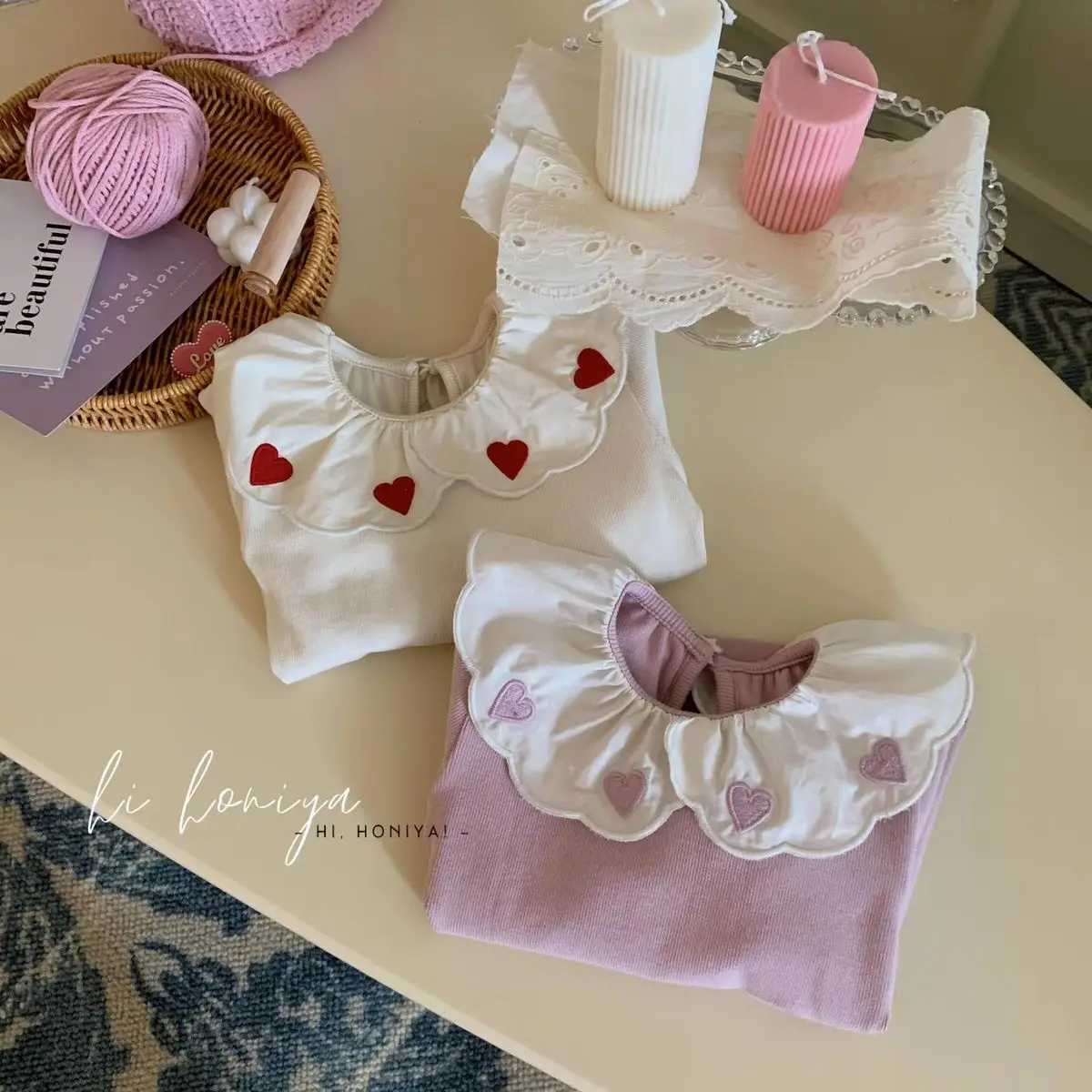 Korean Version of Children's Clothing Girls Fall  Embroidered Flowers Love Doll Collar Solid Color Long-sleeved Bottoming Shirt