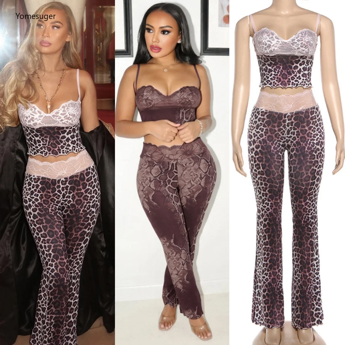 

Yomesugar кружевной лоскутный принт комплект из 2 предметов женский хипстерский укороченный камзол + брюки-клеш одинаковые спортивные костюмы 2026 уличная одежда Y2k