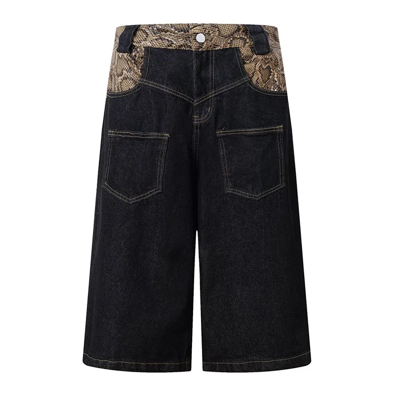 

Vintage Hip Hop Loose Jeans Pants Lepoard Patchwork Casual Denim Shorts For Male