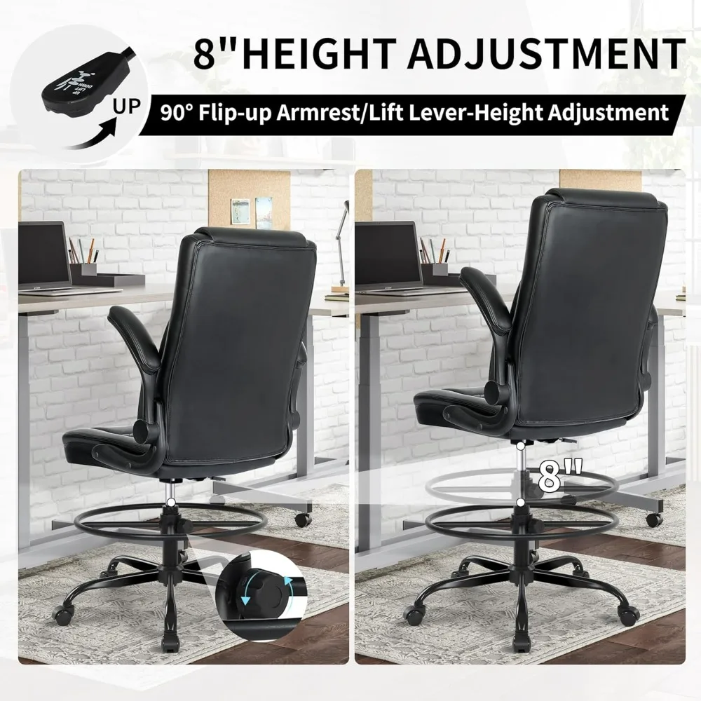 كرسي صياغة، كرسي مكتب طويل للمكتب الدائم، كرسي قائم مع ارتفاع قابل للتعديل ومسند ذراع قابل للطي، مسودة جلدية