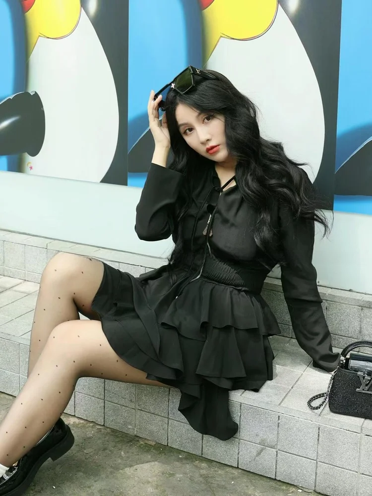 Vestido E Estilo Hepburn com Saia em Camadas, Cintura Alta, Manga Longa, Crimento Curto, Decote Redondo, Silhueta em A