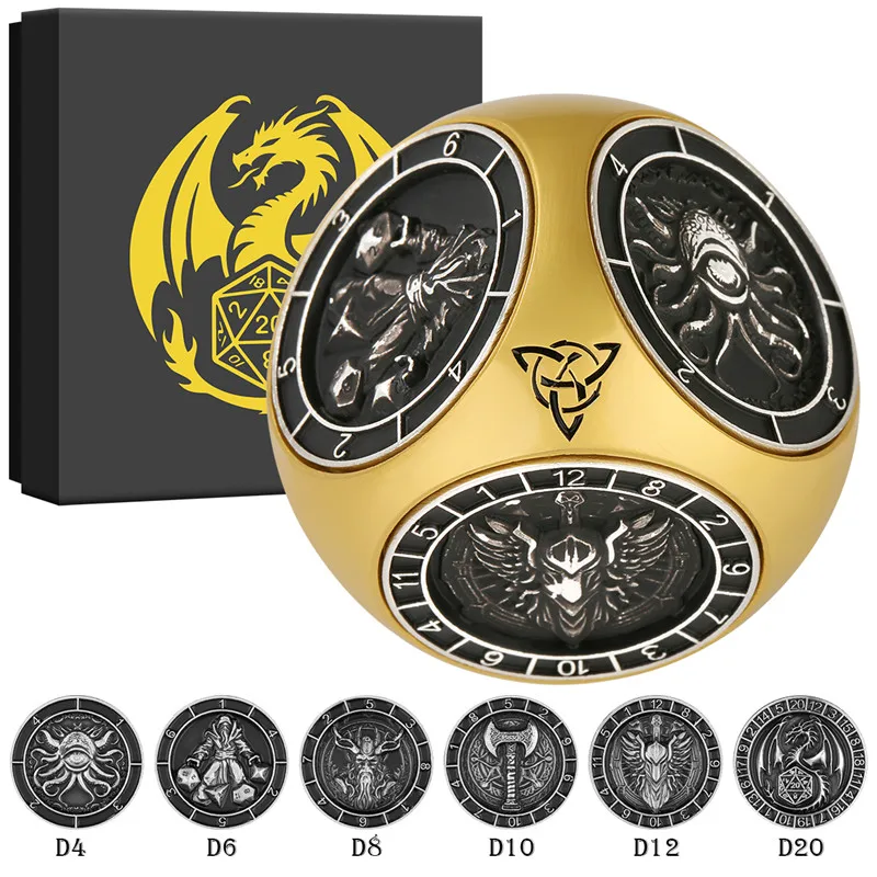 

Retro 7-in-1 Metal Turnable Dice with Six Different Patterns D4/d6D/d8/d10/d12/d20 Dice for Board Game Role Play Gaming Gift Box