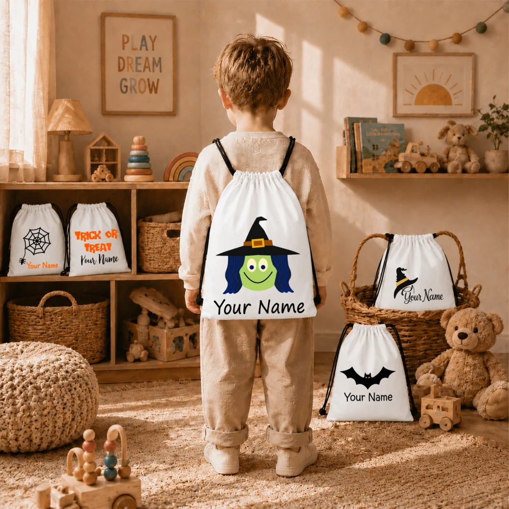 Personalized Halloween Drawstring Bags Set of 5 Custom Name Trick or Treat Candy Sack Witch Bat Halloween Party Gift Backpac