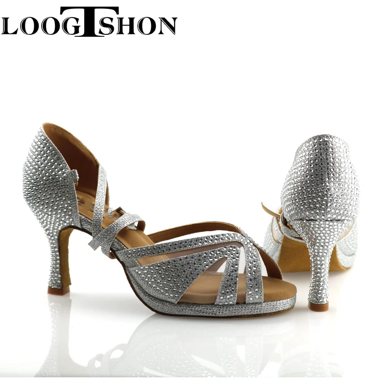 LOOGTSHON heel shoe For Women Salsa Dance Shoes Woman Sandals With Platform Silver Dance Shoes Rhinestone Indoor performance