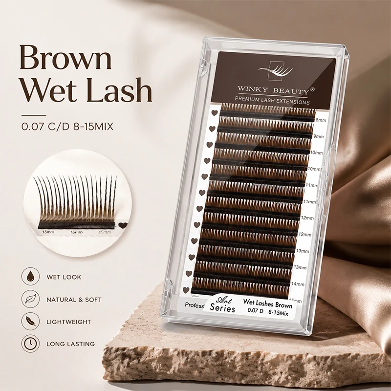 Winky Beauty Brown Wet Lashes Fluffy Wispy Premade Spike 8-15mm Mixed Professional A Shape 0.07mm Soft Individual False Eyelash