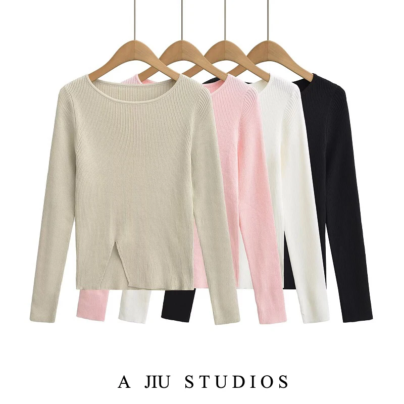 

Casual Korean Sle Long Sve Slim Fit Knitted Top Women's Inner Wear Asymmetrical Slit Pure Color Base irt Autumn Winter