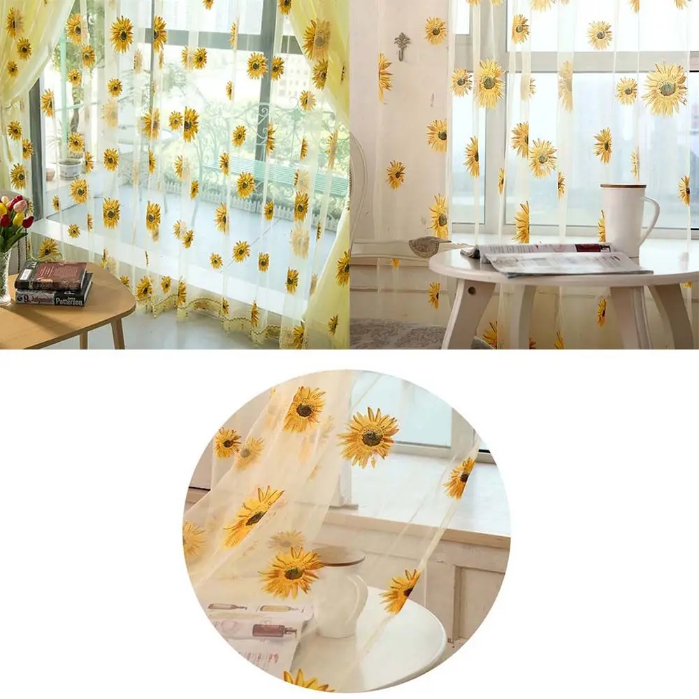 Sunflower Pattern Tulle Curtain Home Decor Kitchen Balcony Room Floral Window Blind Screening Curtain