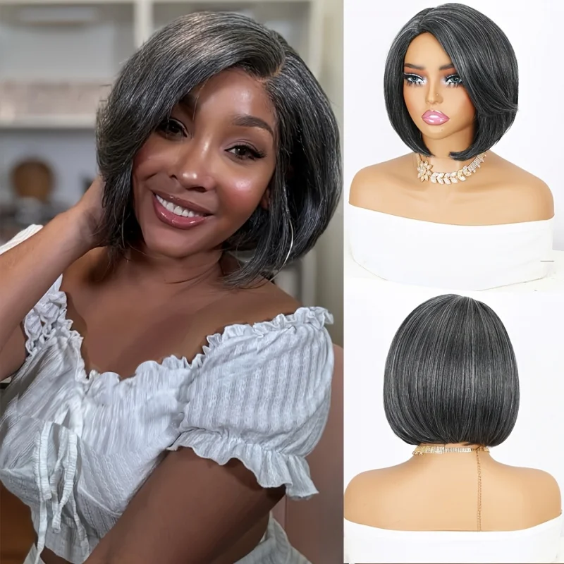 

Термостойкий серый парик Боб: короткие синтетические прямые волосы для женщин | Смешанный серый цвет омбре для ежедневного использования