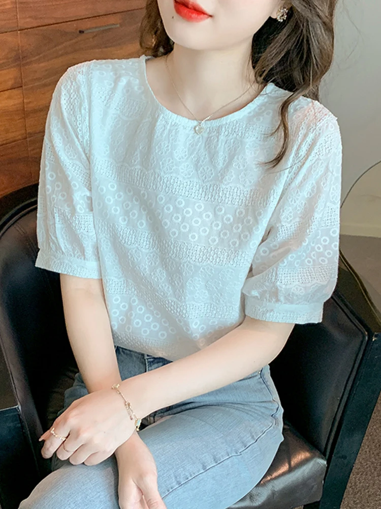 Summer Short Sleeve Blouse Women Blusas Mujer De Moda 2024 Verano O-Neck White Blouse Shirt Women Tops Blouses Femme Shirts E744