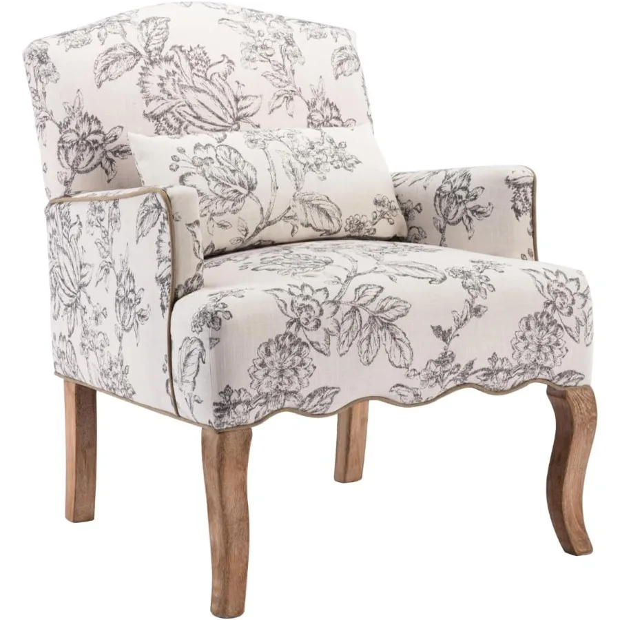 Floral Accent Chairs Farmhouse Upholstered Armchair Linen Reading Chair Mid Century Modern Single Sofa Chair with Pillow for Be
