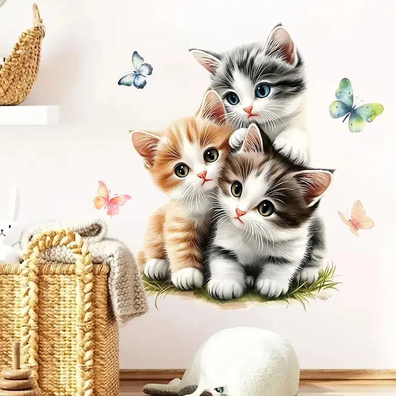 Three Cats with Butterfly Stickers Decoration for Living Room, Wall, Bedroom, Toilet and Home Decor Car Decals Self-Adhesive