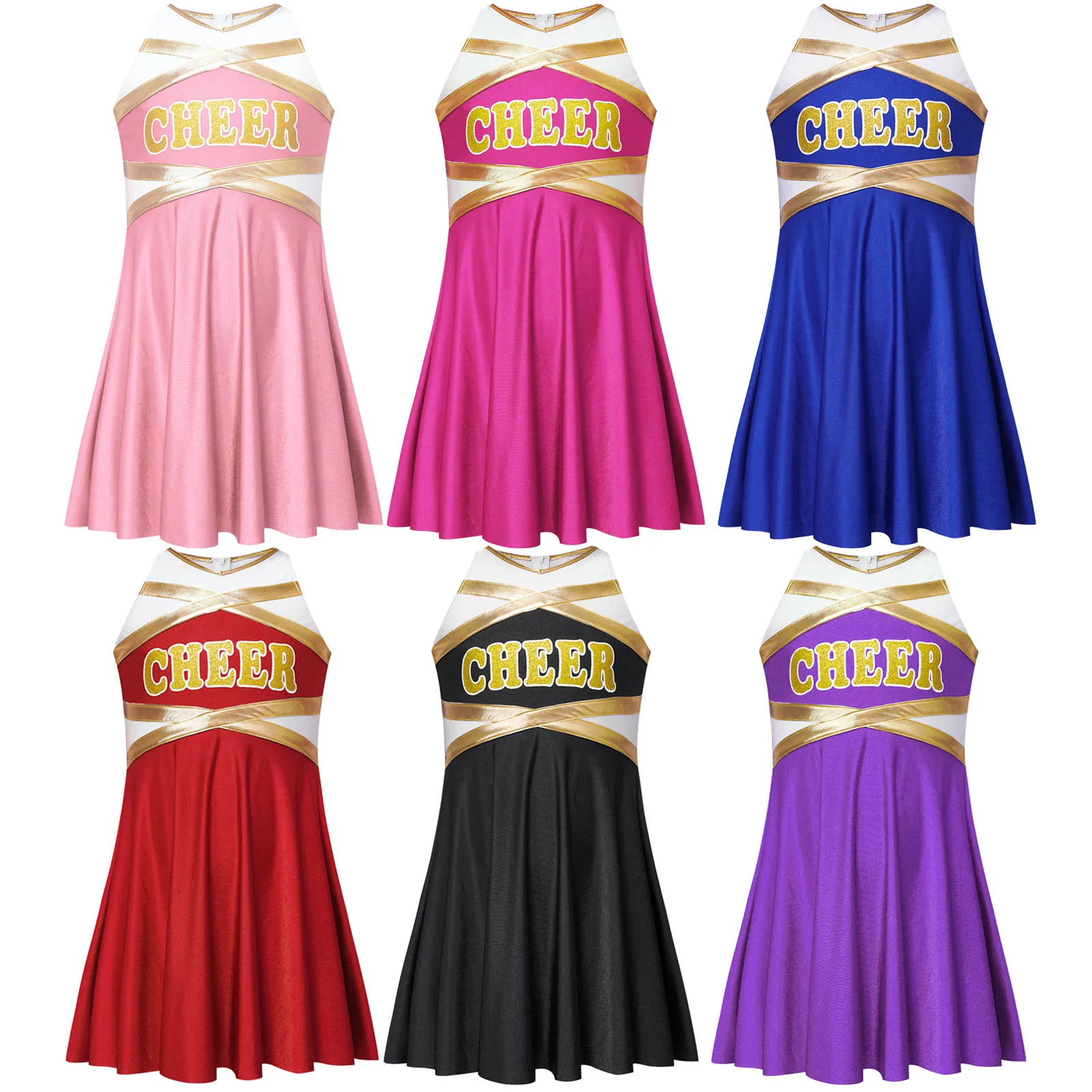 Kids Girls Cheerleading Uniforms Cheer Dance Outfit Cheerleader Cosplay Costume Children Rhinestones School Cheerlead Dress