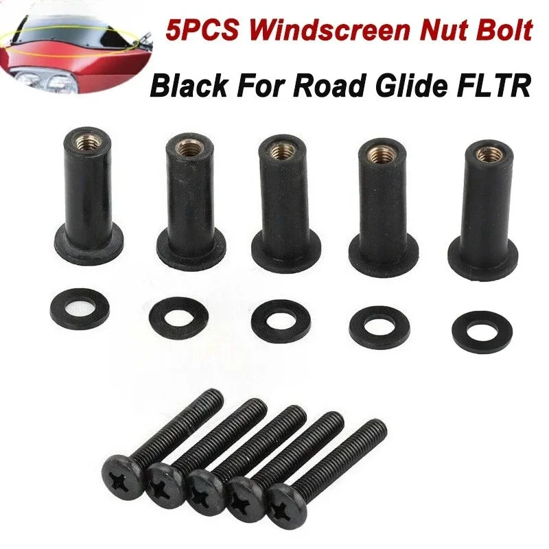 5/15sets Black Windscreen Well Nut Bolt Screws Kit For Harley Touring Road Glide 98-22 Windshield Nut Bolt Washer Set