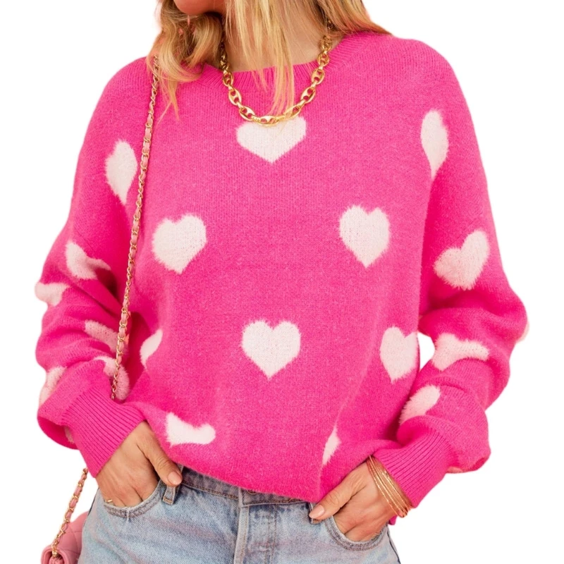 

Women Valentine Day Pullover Sweater Autumn Winter Casual Loose Crew Neck Long Sleeve Love Heart Pattern Knitted Jumper Tops