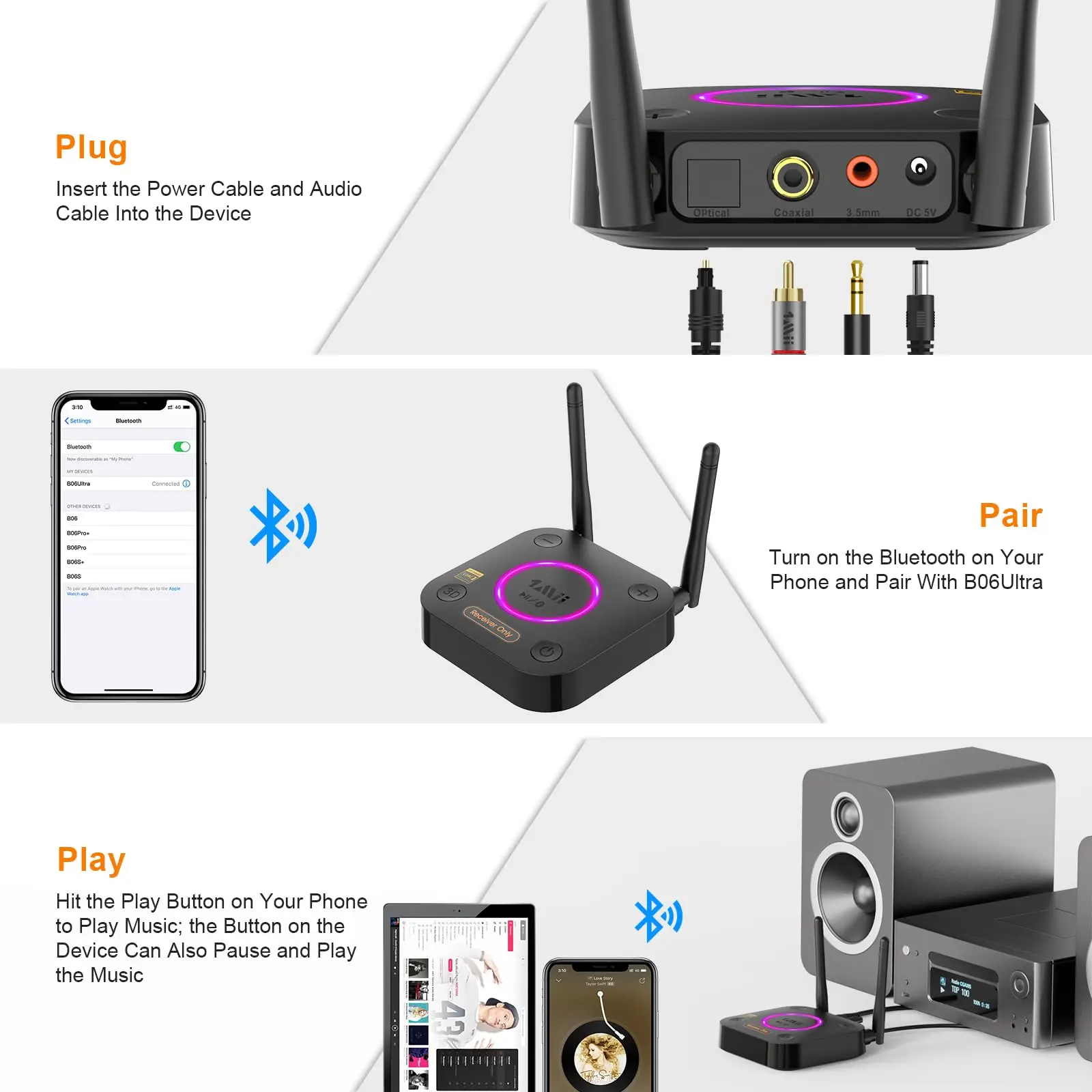 1Mii B06Ultra Bluetooth 5.2 Receiver with LDAC,HiFi Bluetooth Audio Adapter w/Audiophile DAC,3D Surround aptX LL/HD