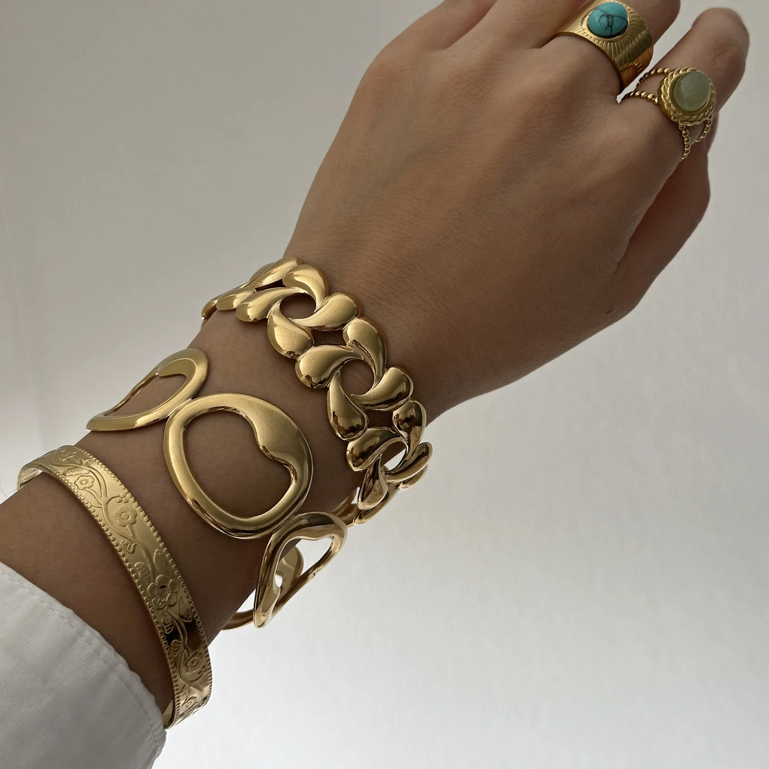 Vintage Edelstahl Blumen-Manschettenarmbänder für Damen und Herren Unregelmäßige Geometrische Wassertropfen Metall Offener Armreif Party-Schmuck – Detail 2