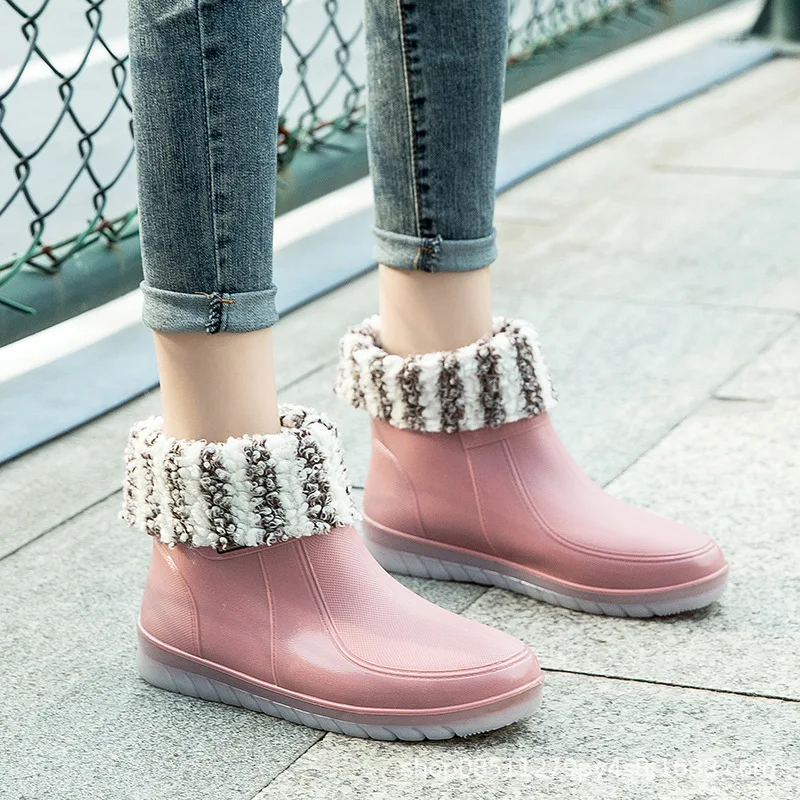 Botas de chuva na moda para mulheres, fundo grosso, antiderrapante, quente e impermeável, interna aumentada, cabeça grande, curta, 4 temporada