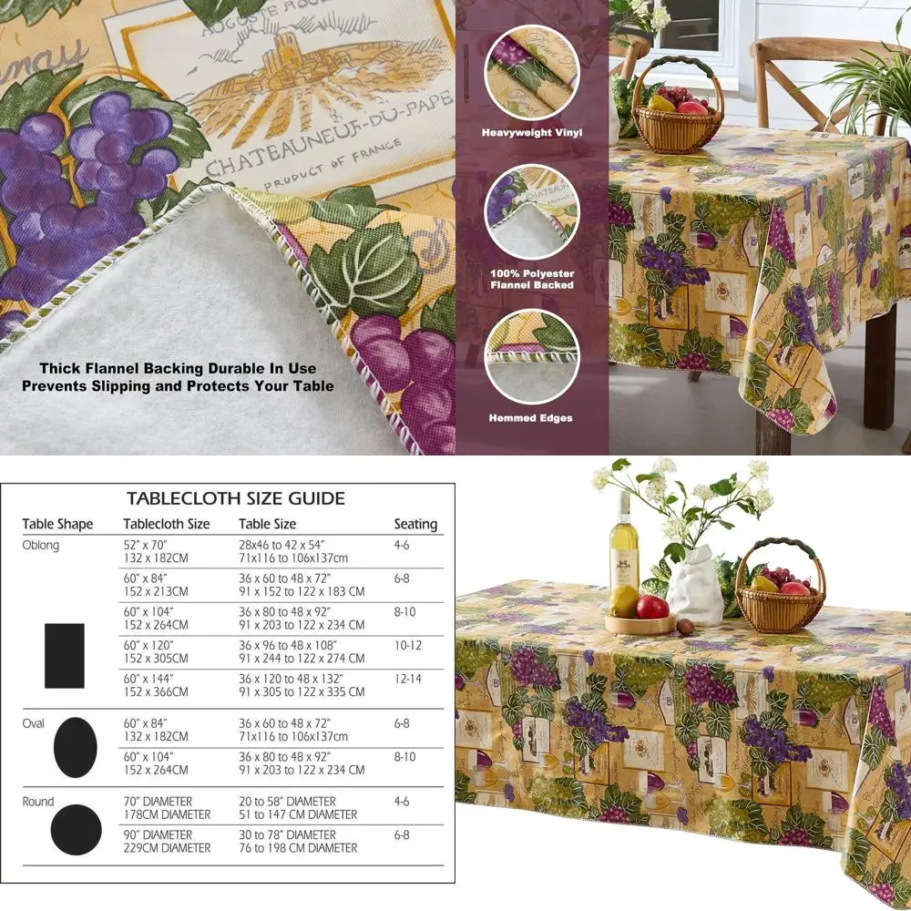 

60x120 Inch Rectangular Wine & Grape Print Vinyl Tablecloth, Colorful Design, Easy Clean for Indoor/Outdoor Use