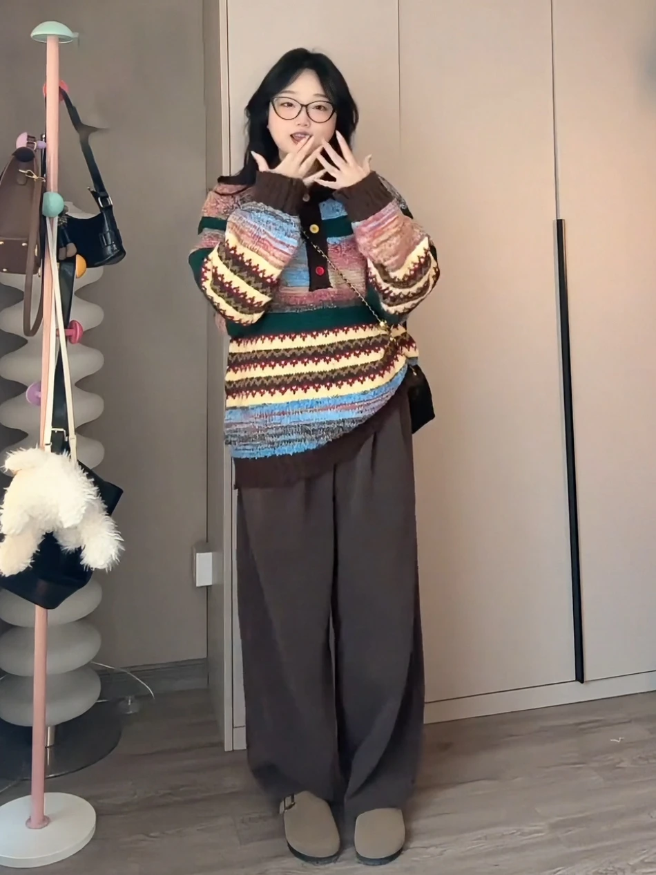 

Вязаный пуловер в полоску в стиле ретро с яркими лацканами, шикарный нишевый повседневный свитер в стиле Харадзюку в стиле преппи, женская осенняя одежда в корейском стиле