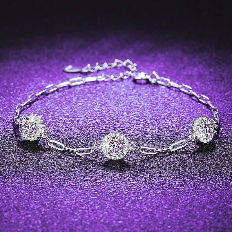 

S925 Silver White Gold Plated 1.5CT D Color Moissanite Triple Round Cabochon Bracelet for Women, Exquisite Jewelry.