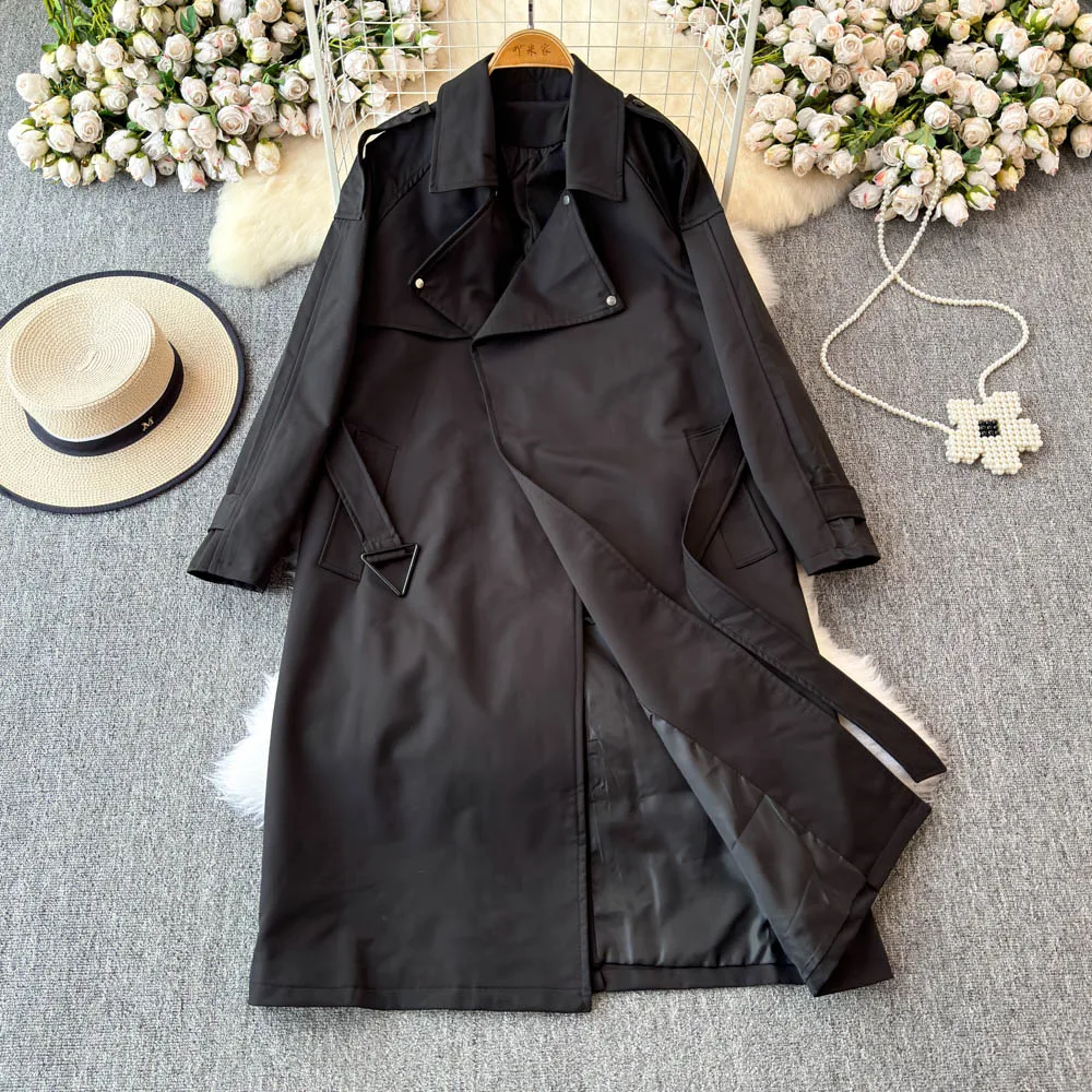 Autumn Lace Up Long Lapel Loose Trench Coat Women's Fashion Trend Windbreaker