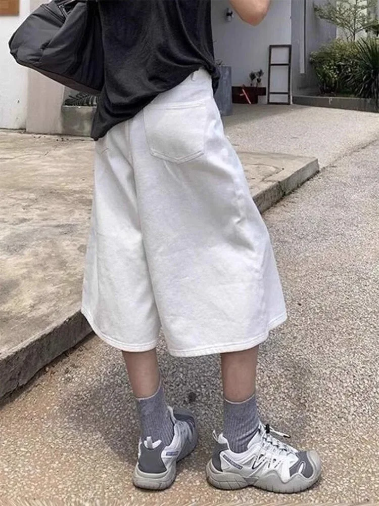 

High Waist Wide Leg Seven Inch Denim orts Women's Summer American Retro Loose Slim Straight Tube Mid-Length Pants