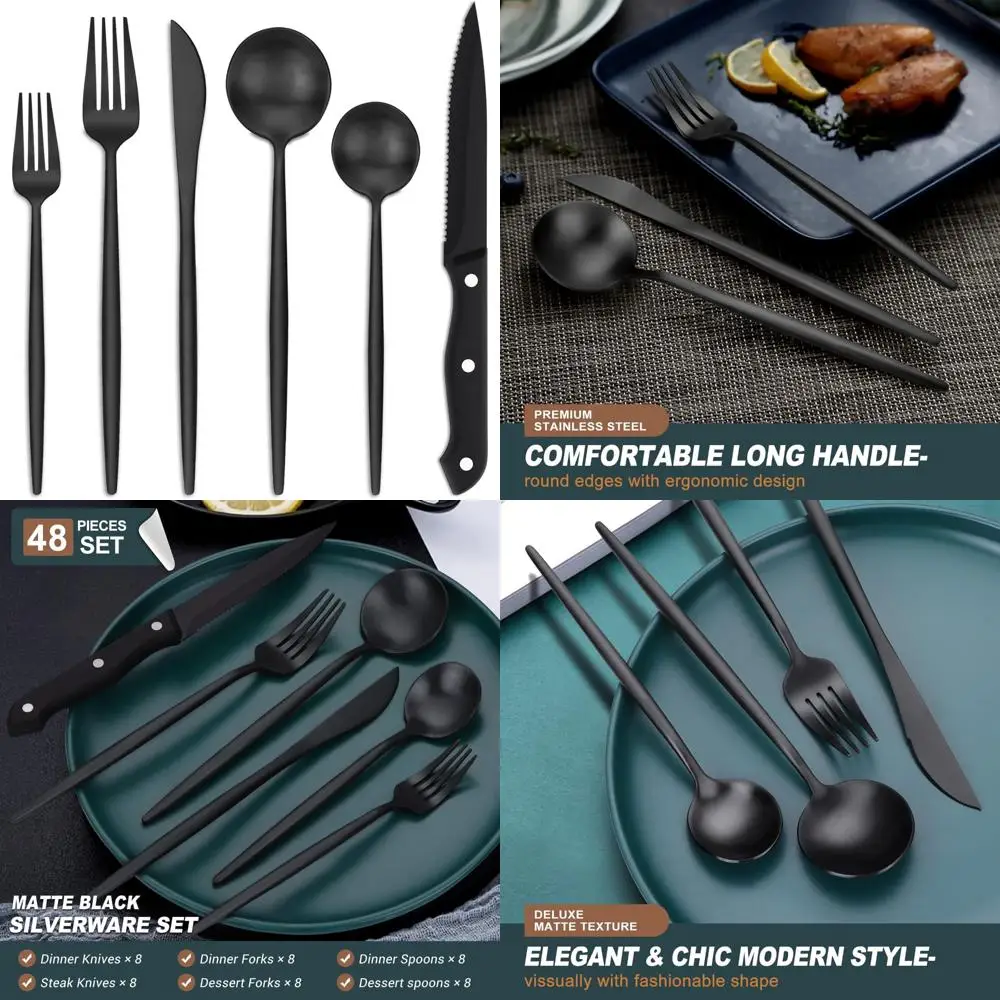 

Набор из 48 предметов черного серебра из нержавеющей стали с ножами для стейка на 8 человек