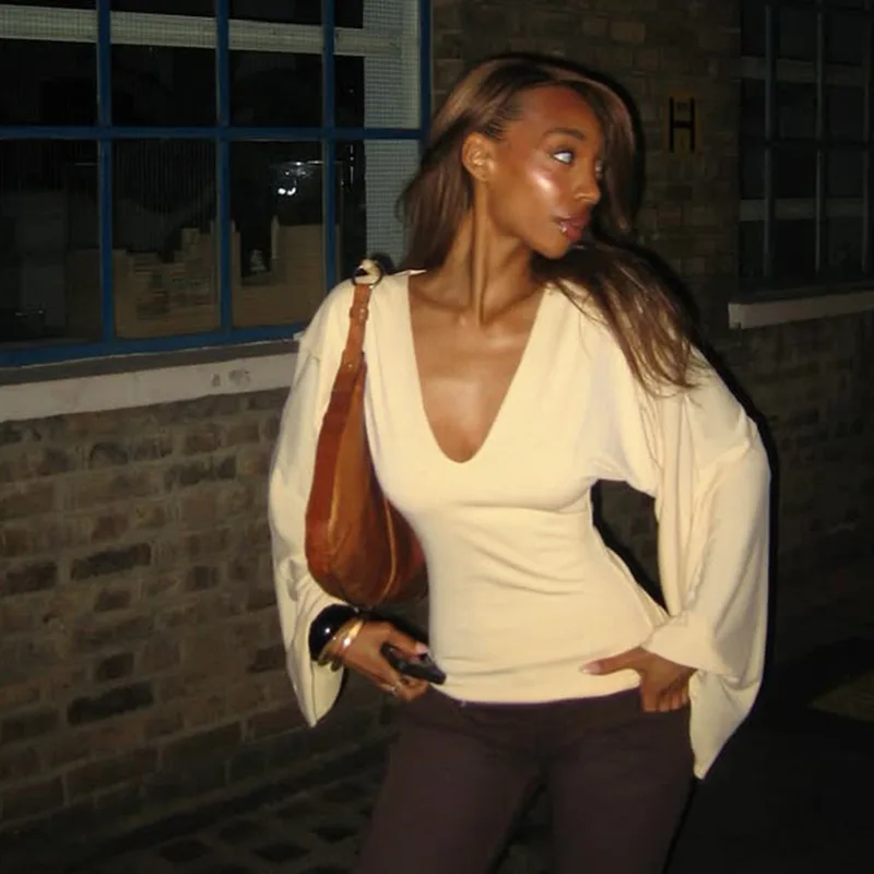 Women's Autumn Spring Top T-shirt V-neck Waist-cinching Solid Color Batwing Sleeves Simple Comfortable Casual Niche Versatile