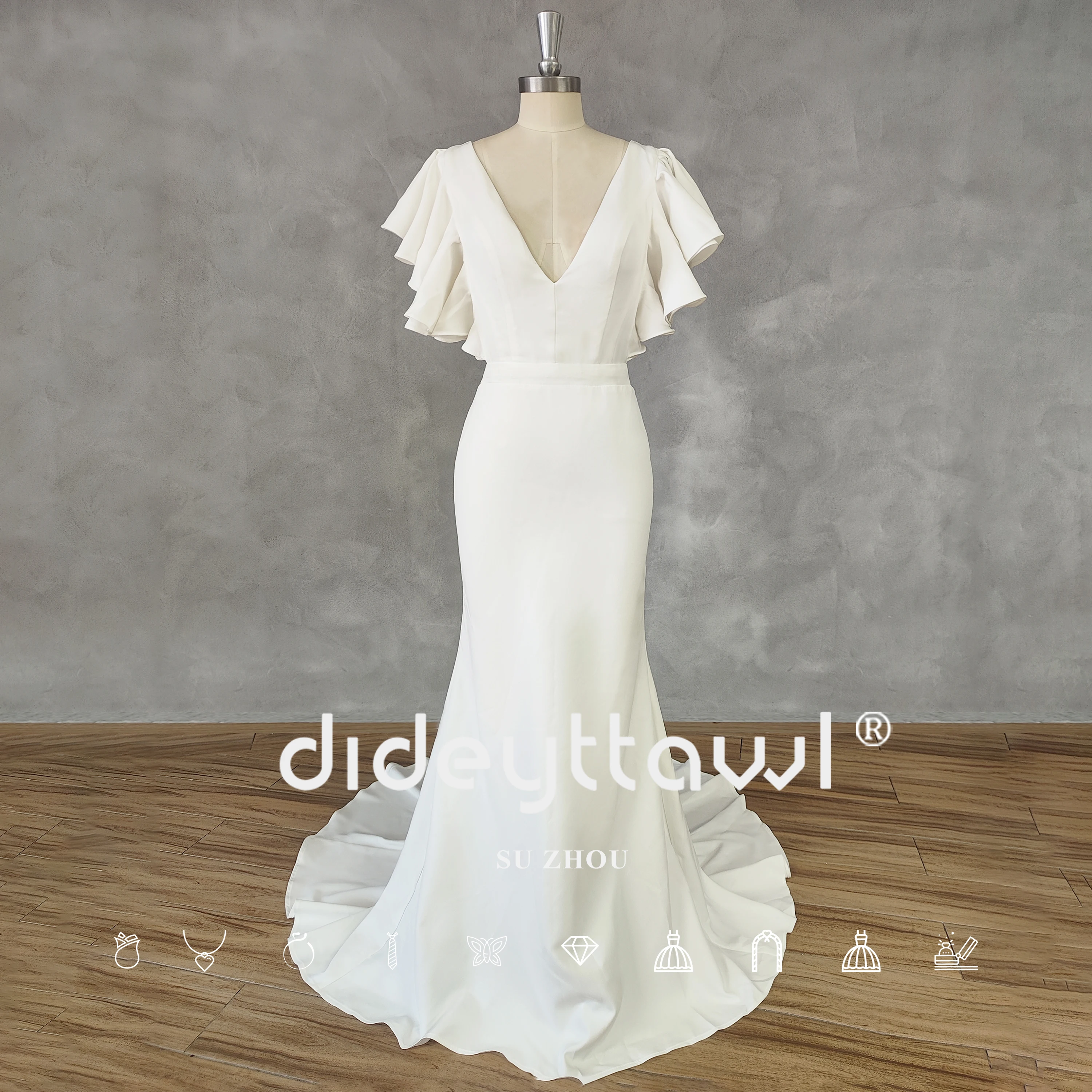 DIDEYTTAWL Real Picture Deep V-Neck Flare Sleeves Mermaid Wedding Dress For Women Button Open Back Bridal Gown Custom Made