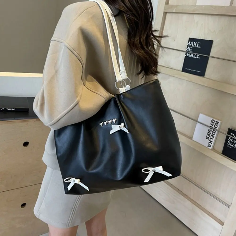 

Trendy Korean Style Balletcore Bow Handbag PU Leather Fashion Bow Tie Shoulder Bag Sweet Simple Heart Underarm Bag Shopping