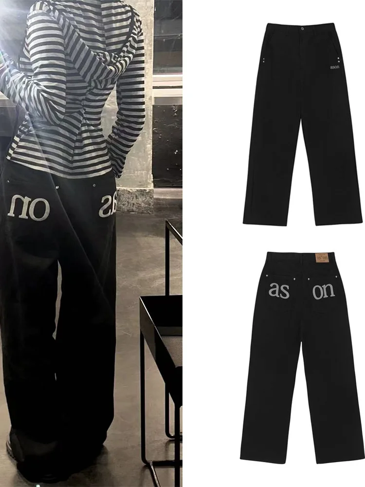 

Широкие брюки с буквенным принтом в стиле ретро, женские свободные длинные брюки с высокой талией Ning zhu, зимние модные женские джинсы