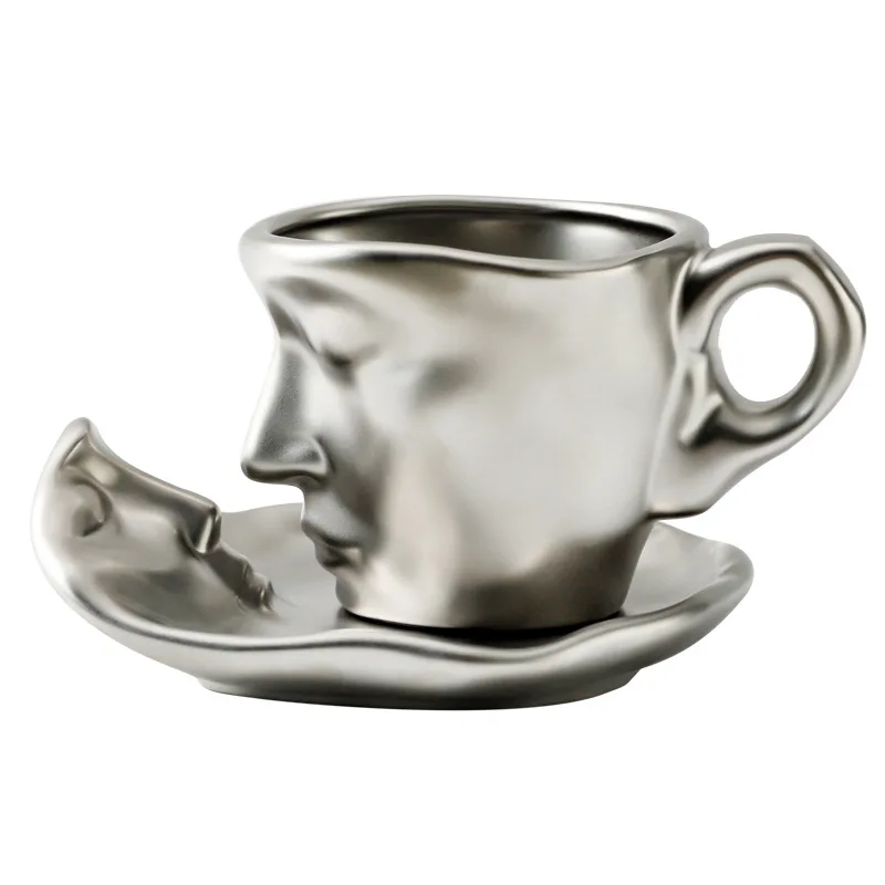 MSH New Metallic Texture Nordic Face Kiss American Italian Style Ceramic Cup and Saucer
