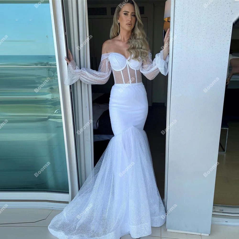 Booma Sexy Puff Long Sleeves Mermaid Wedding Dresses Off Shoulder Dotted Tulle Glitter Bridal Gowns Country Robe de mariage