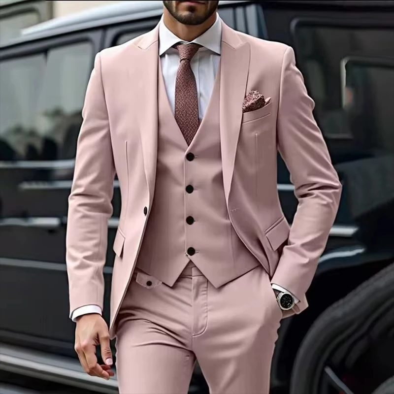

Men's suits High-end Pink Elegant Single Breasted Men Suit 3 pieces Party Formal Prom Wedding Set (Jacket+Pants+Vest)