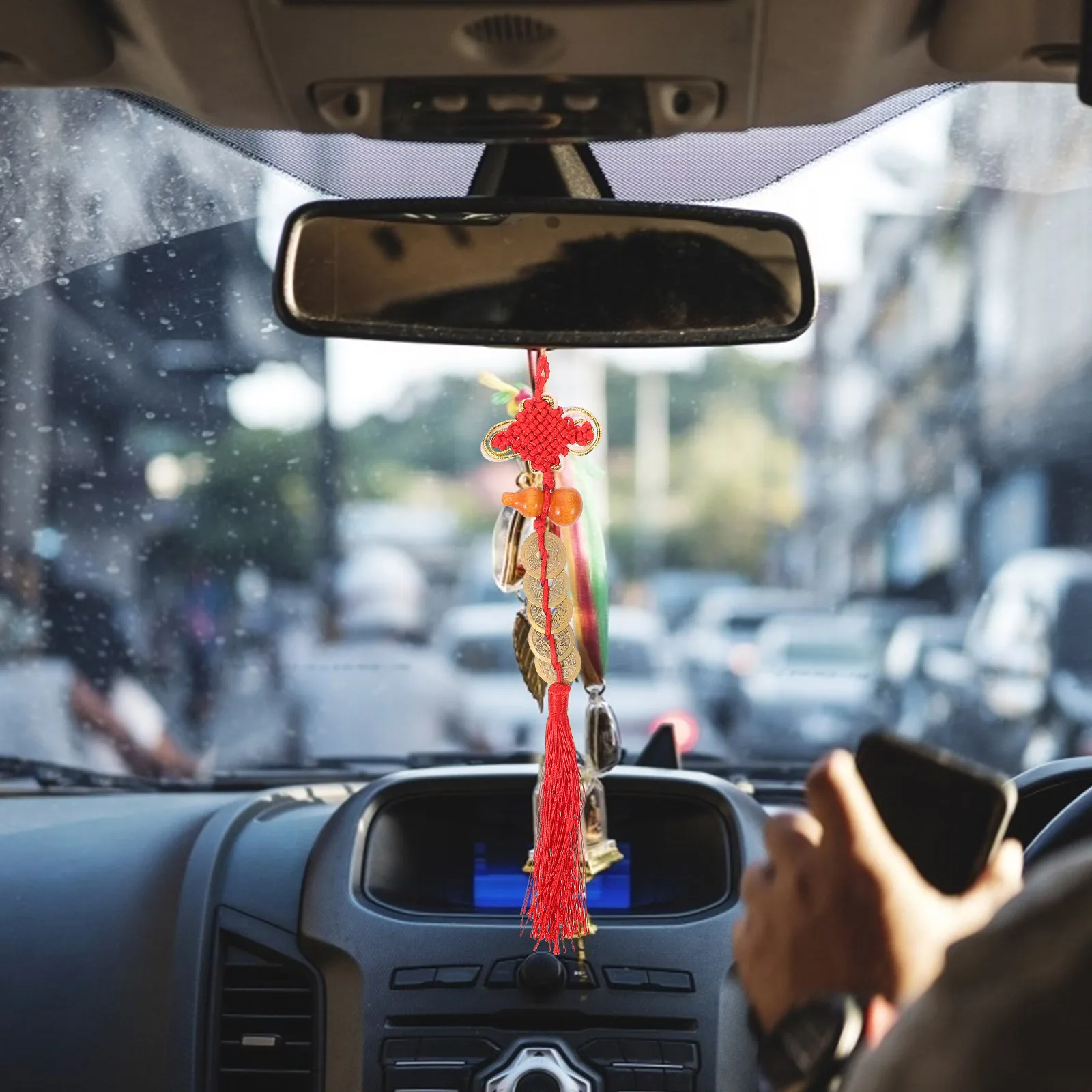 

2pcs Money Car Pendant Red Tassel Chinese Style Rearview Mirror Decoration Auto Hanging Ornament for Women
