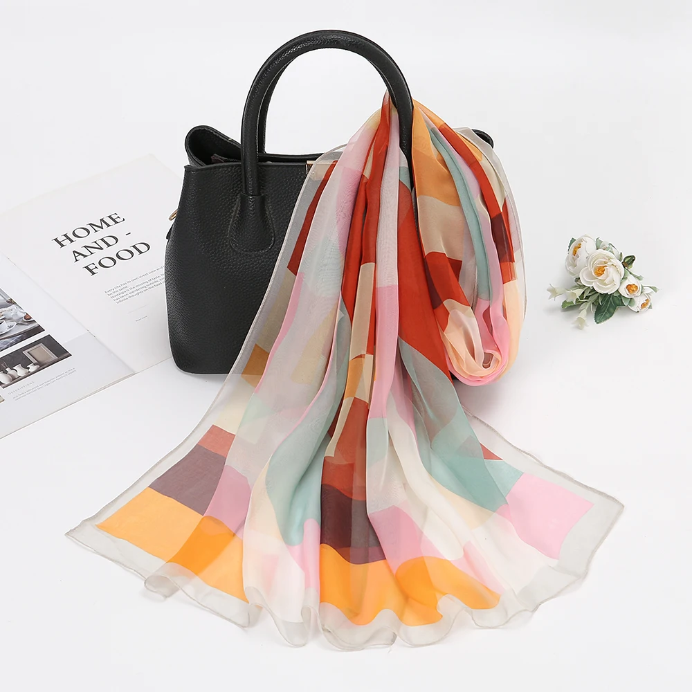 Silk Scarf Chiffon HIjabs for Women Elegant Woman Shawls Wraps Geometric Print Beach Stole Scarves Foulard Femme Hijab 150*50Cm