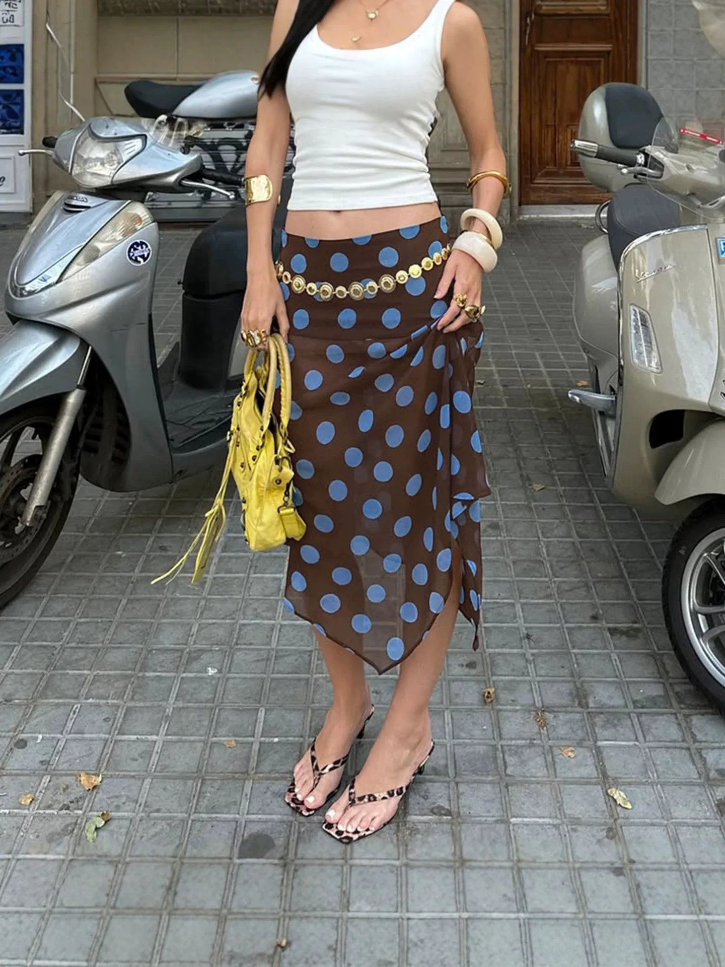 2026 Summer New French Retro Elegant Polka Dot Skirt With Transparent Mesh Splicing Irregular Hem A-Line Mid Length Skirt Trend