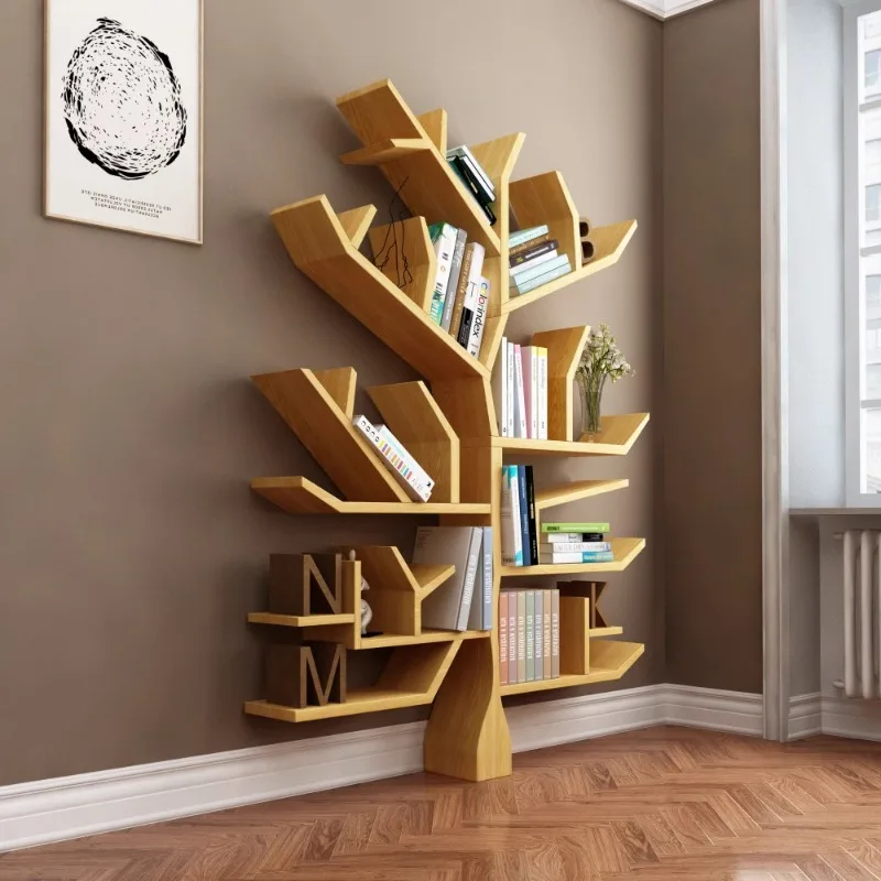 Creative solid wood art tree shaped wall  floor to ceiling bookshelf  storage rack  living room  bedroom