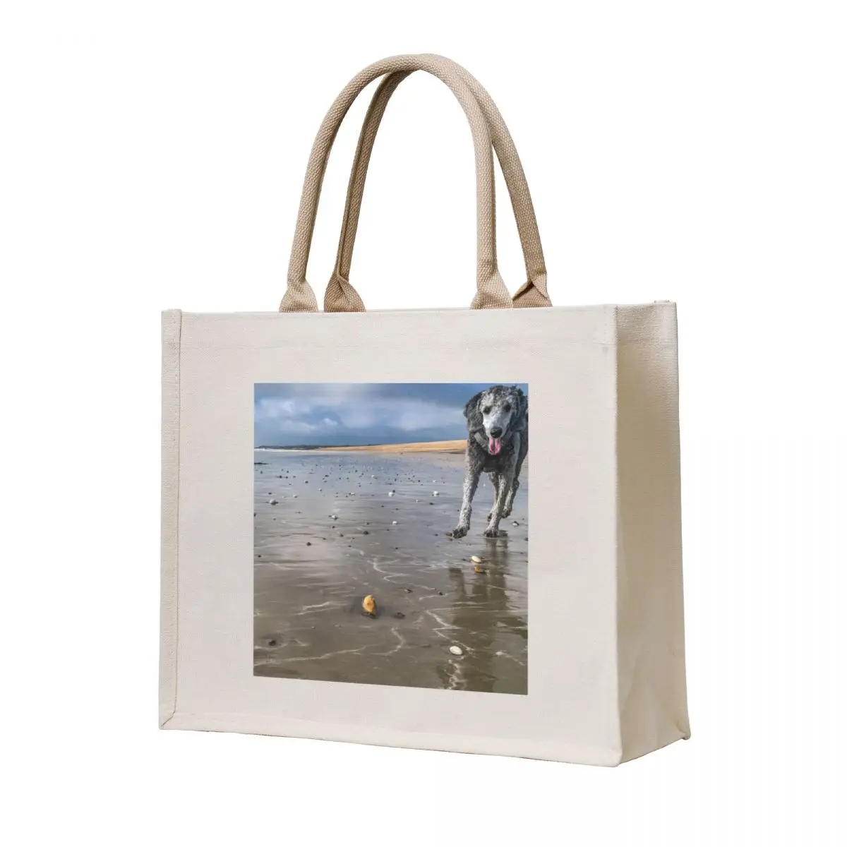 Young silver poodle on a wet sandy beach Tote Bag personalized tote women shoping cute