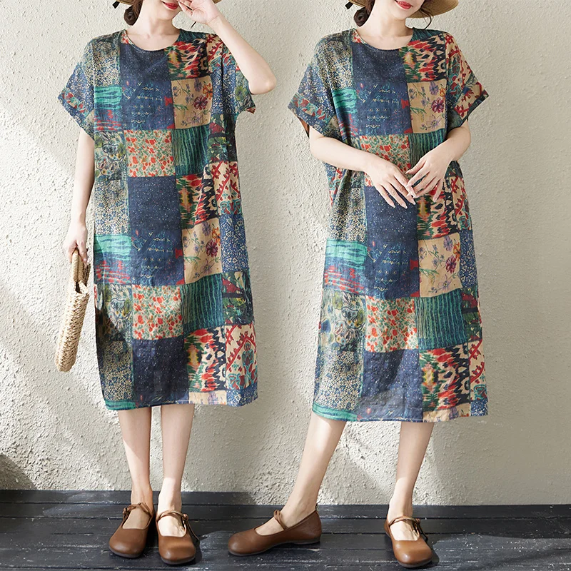 

Summer New plus Size Women's Cotton Linen Print Dress Knee-Length Short Sleeve Artistic Style Citywalk Straight Cut Dress