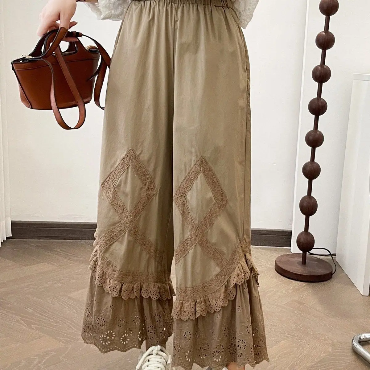 Small Bell-Bottom Pants Lace Webbing Double-Layer Lace Casual Embroidered Forest Sweet High-Waisted Wide-Leg Pants For Women