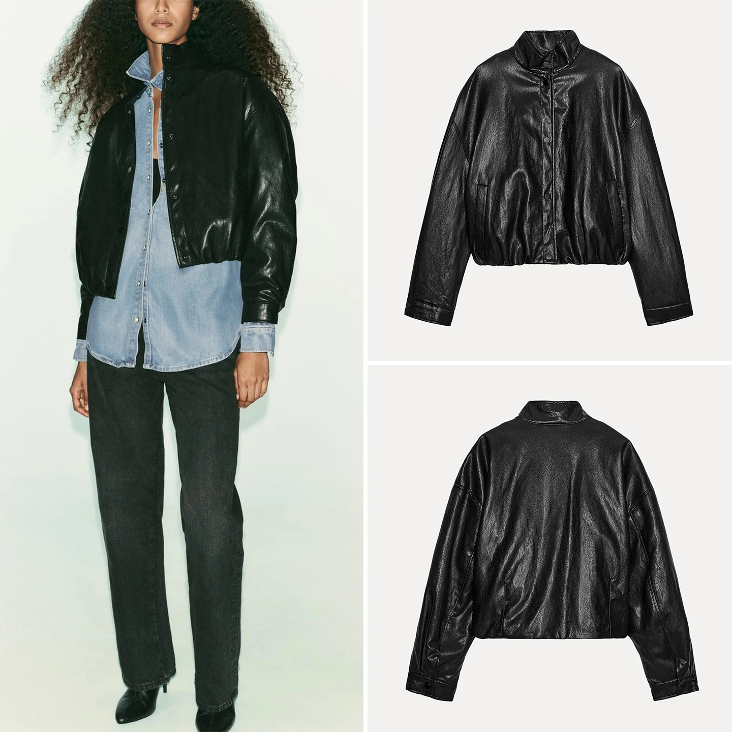 

Осень 2023, женское свободное пальто из искусственной кожи с высоким воротником, куртка-пилот, верхняя одежда Z, повседневное женское пальто Sli в европейском стиле