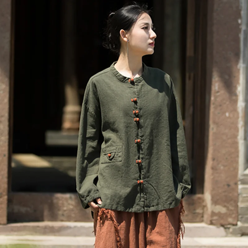 Women Loose Shirt Summer Autumn r Retro Casual Flax Tops Ladies Vintage Blouse Tops Outer Garment Woman Jacket