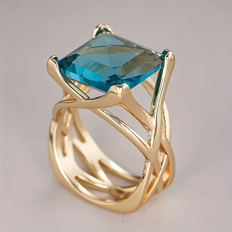 Damen Vintage Luxus Blauer Synthetischer Zirkonia-Ring Vergoldet Eleganter Hochzeits-Jubiläumsring Stilvoller Schmuck