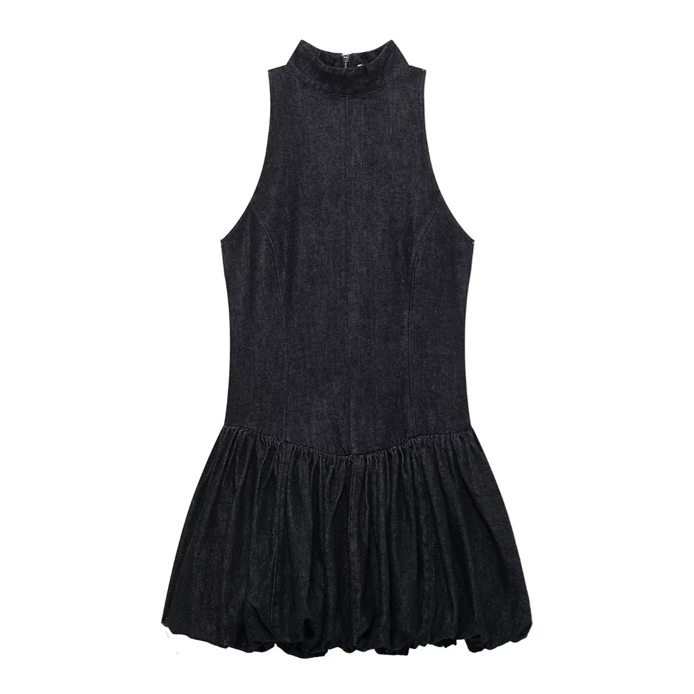 

ZARF Women's Balloon Edition Denim Dress Round Neck Zipper Decoration Spring/Summer New Product Casual Women's Wear