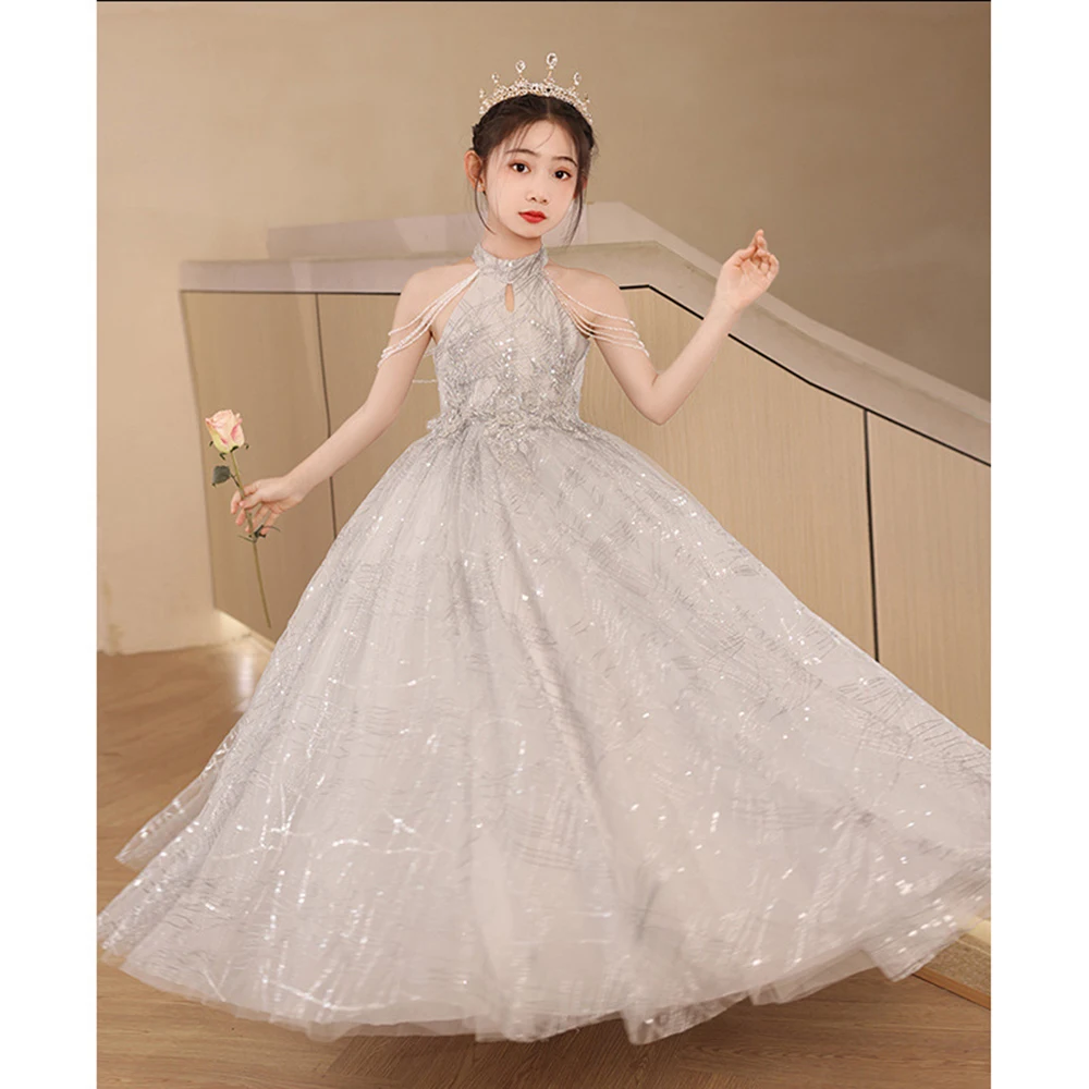 3-9T Girl‘s Princess Dress Shinning Light Luxury Halter Beading Off Shoulder Tassels Prom Gown Children's Performance Dresses