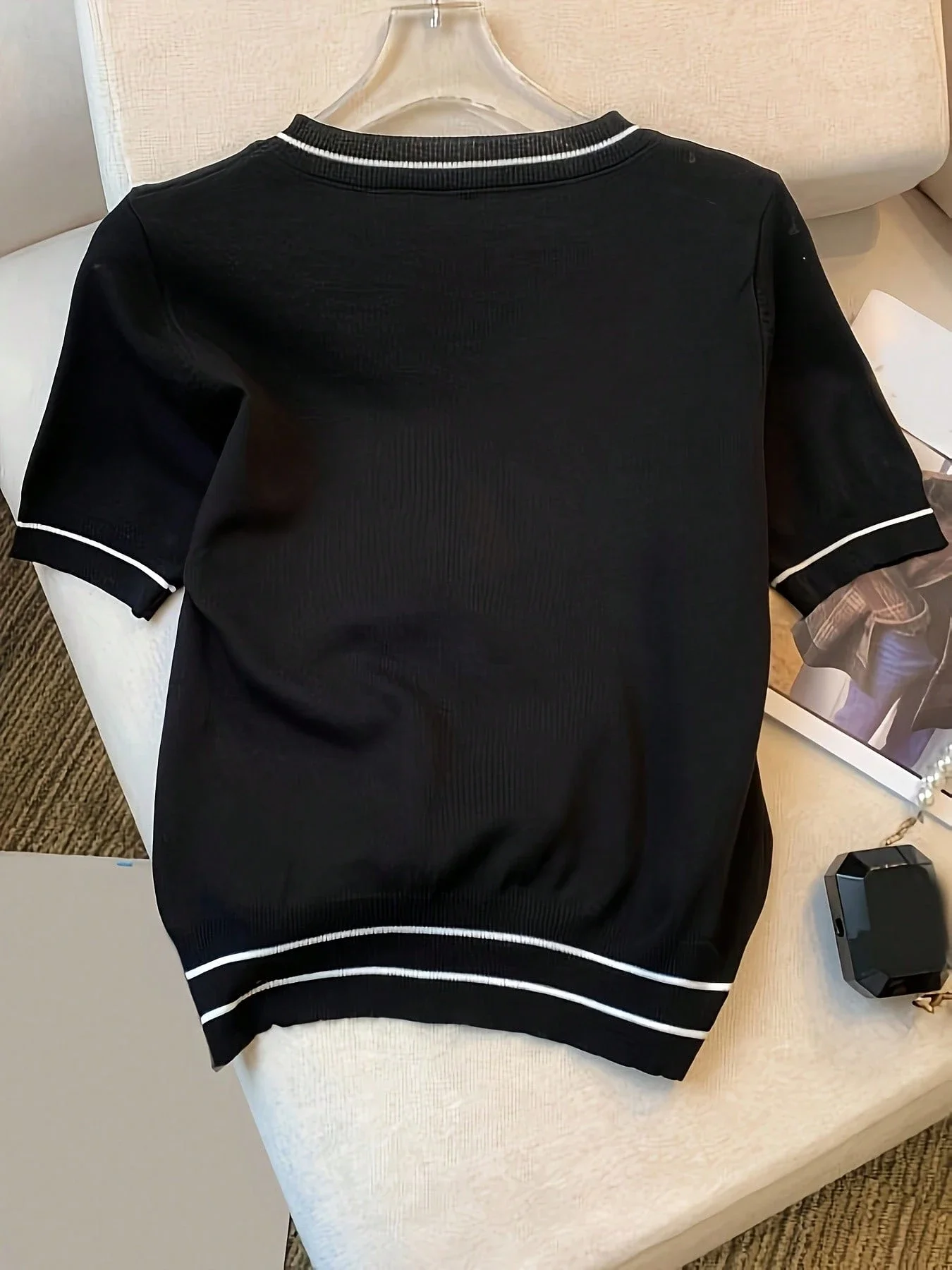 

Knitted Casual Round Neck Short Sleeve Top Loose Black Spring