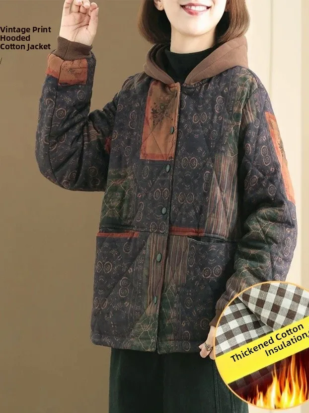 

Retro Floral Print Thiened Cotton Jaet Hooded Warm ort Outerwear for Middle-Aged Women plus Size Slimming Korean Sle